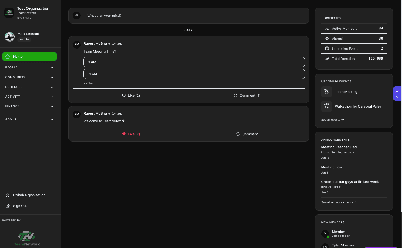 The TeamNetwork dashboard — member feed, organization overview, and upcoming events.
