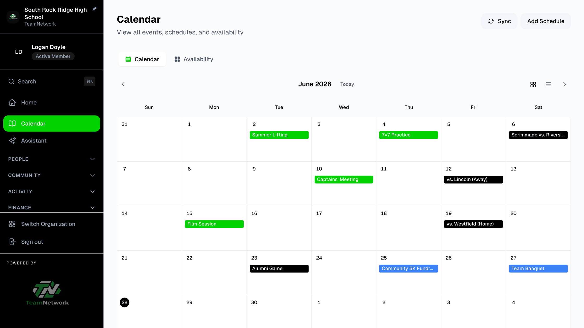 The TeamNetwork calendar — a month of team events, check-ins, and schedules.